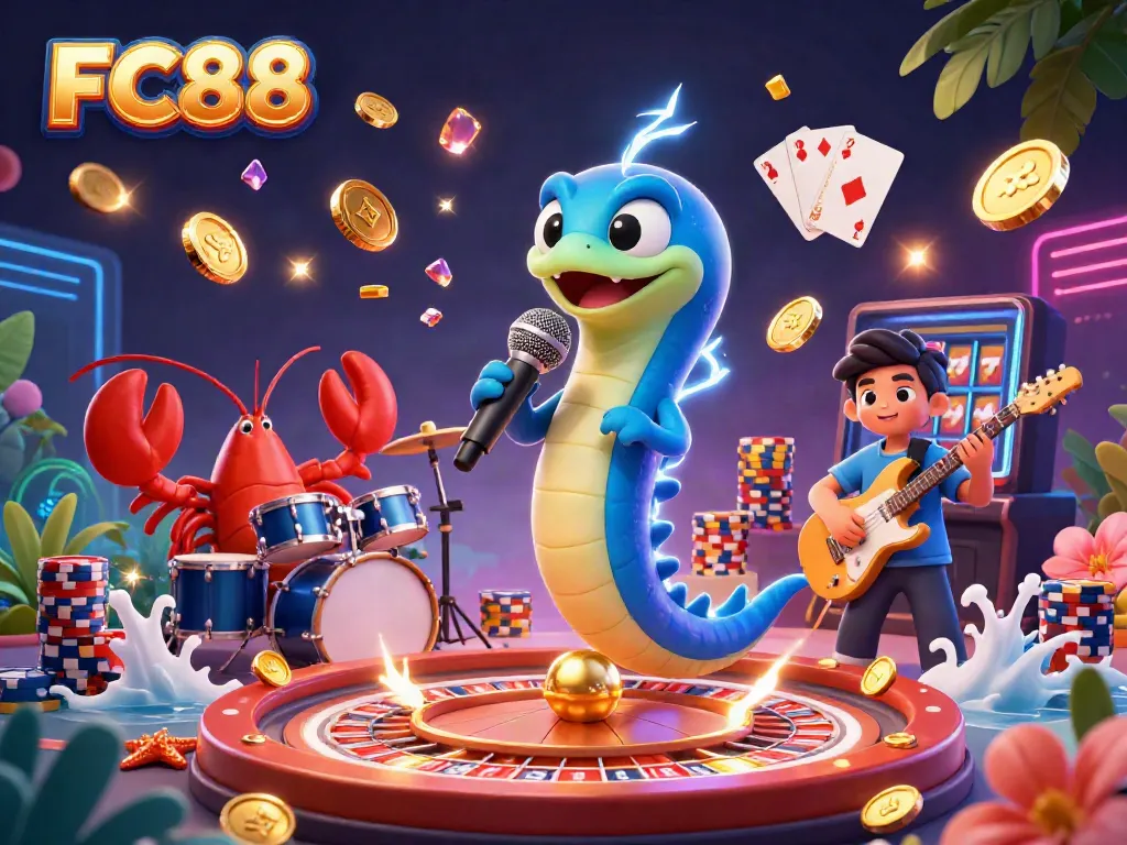 FC88 features a DJ electric eel with a lobster drummer and seahorse guitarist in a vibrant underwater casino scene.