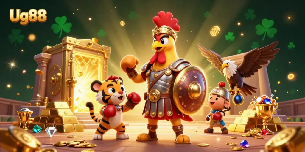 Win exciting rewards with Ug88 in a vibrant 3D illustration of a gladiator rooster and its companions.