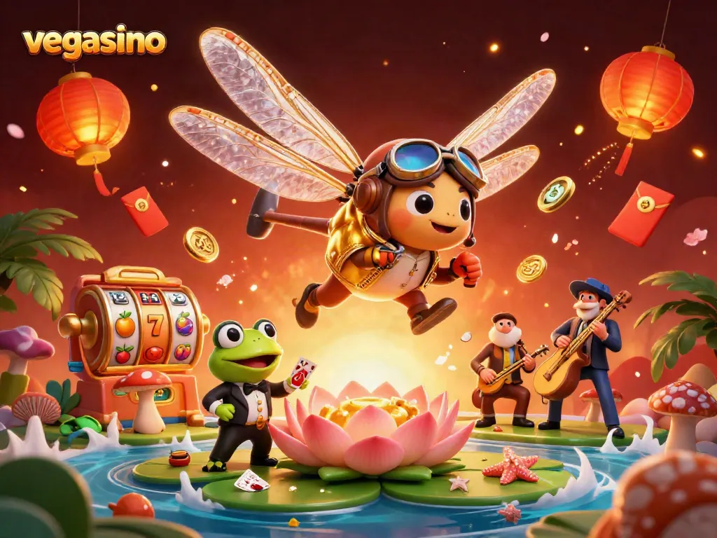 Experience exciting games at vegasino with our vibrant 3D casino scene featuring a cartoon dragonfly pilot.