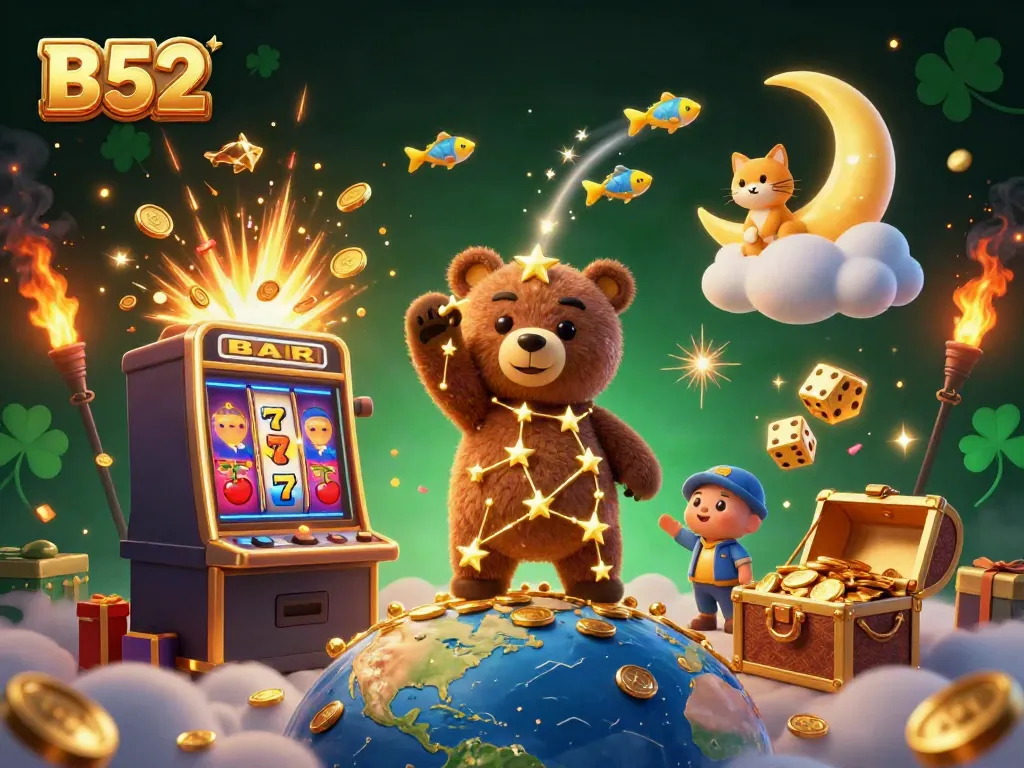 The B52 constellation bear scoops coins in a vibrant slot game scene filled with jackpots and colorful casino elements.