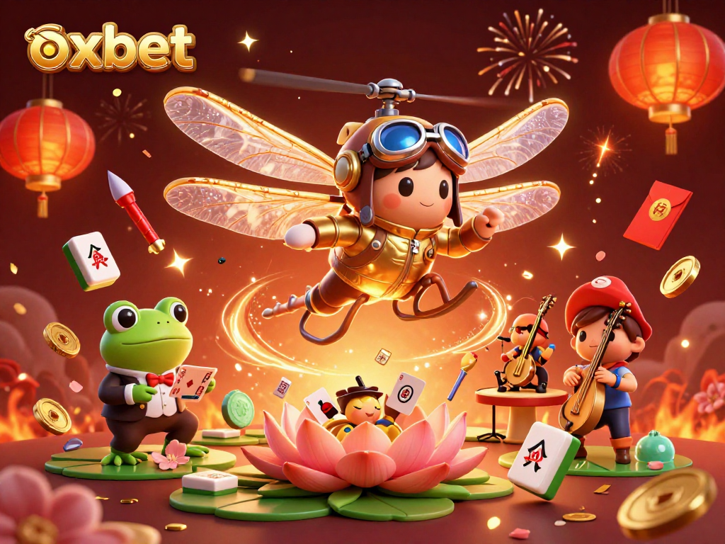 Experience thrilling gameplay at Oxbet as a dragonfly pilot hovers over a lively casino scene.