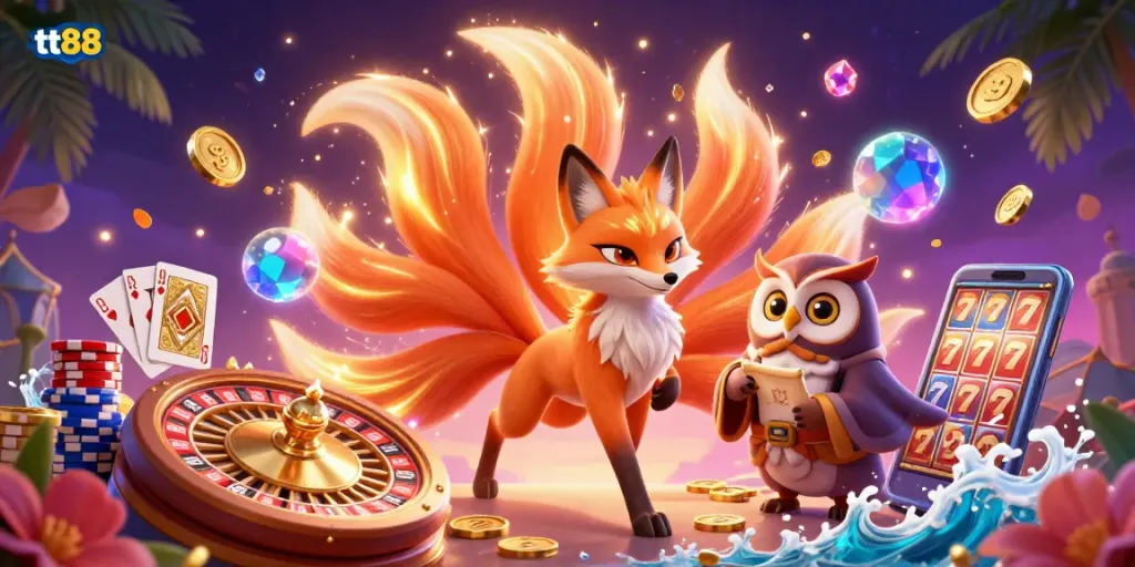 Engage in thrilling gaming with tt88, featuring a nine-tailed fox and a wise owl amidst cascading coins and poker chips.