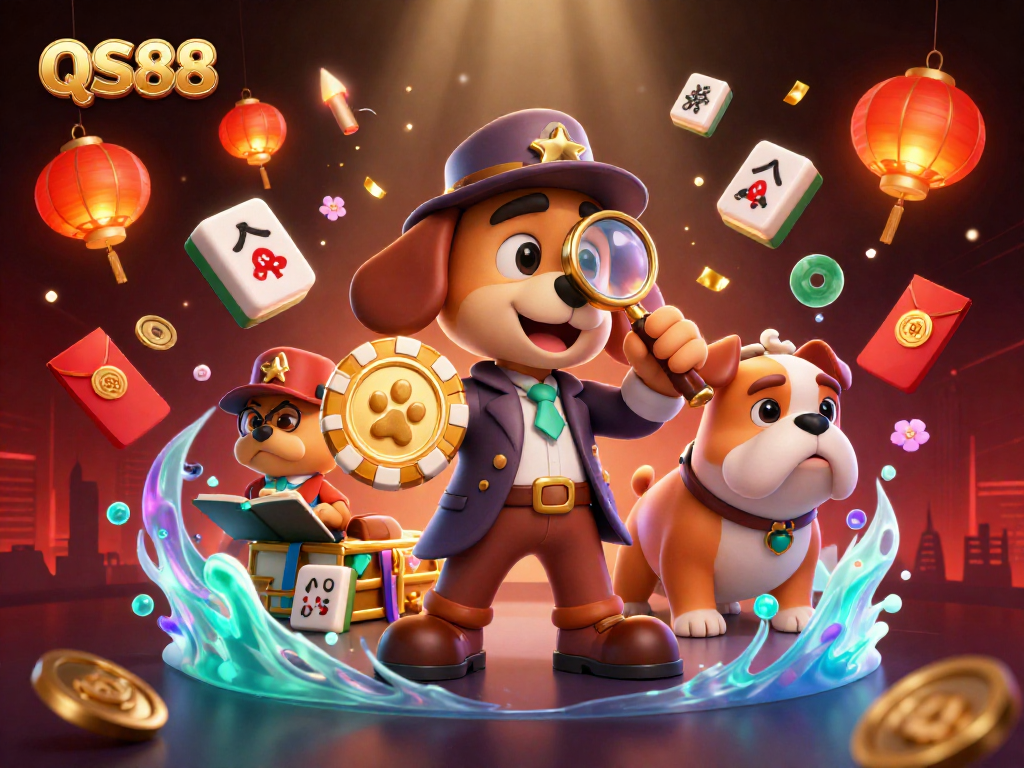 Engage with QS88's thrilling gaming world, where a bloodhound detective uncovers treasures and poker chips.