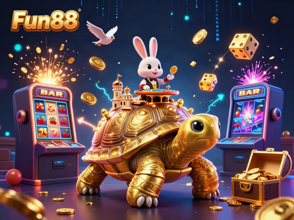 Experience the excitement of Fun88 with a dynamic casino scene featuring a glimmering tortoise, a rabbit dealer, and soaring golden coins.