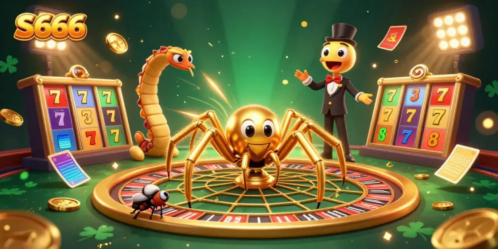 Experience the thrilling world of S666 with a dynamic scene of gaming excitement and iconic slot elements.