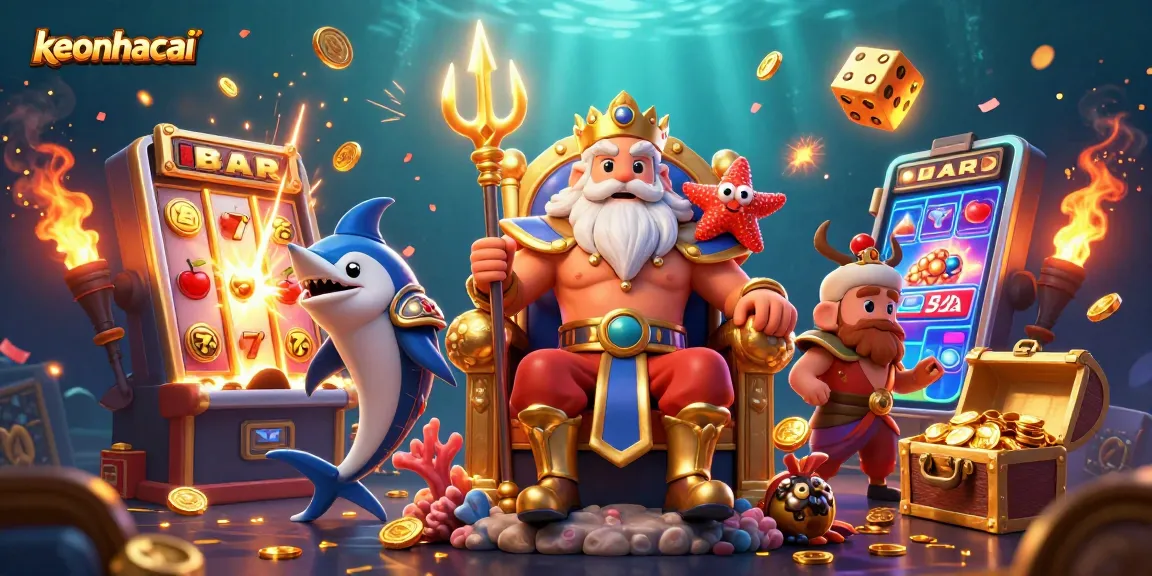 Experience winning with keonhacai in this vibrant casino-themed illustration featuring Neptune and treasures.