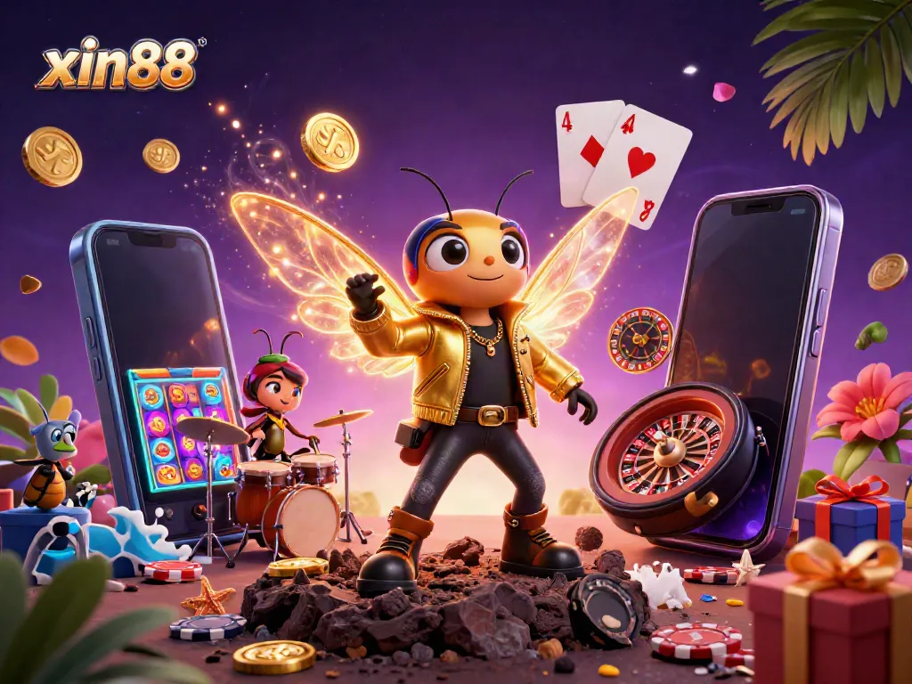 Engage with the vibrant world of xin88 as a cartoon cicada rock star, drummer beetle, and backup crickets perform amidst casino elements.
