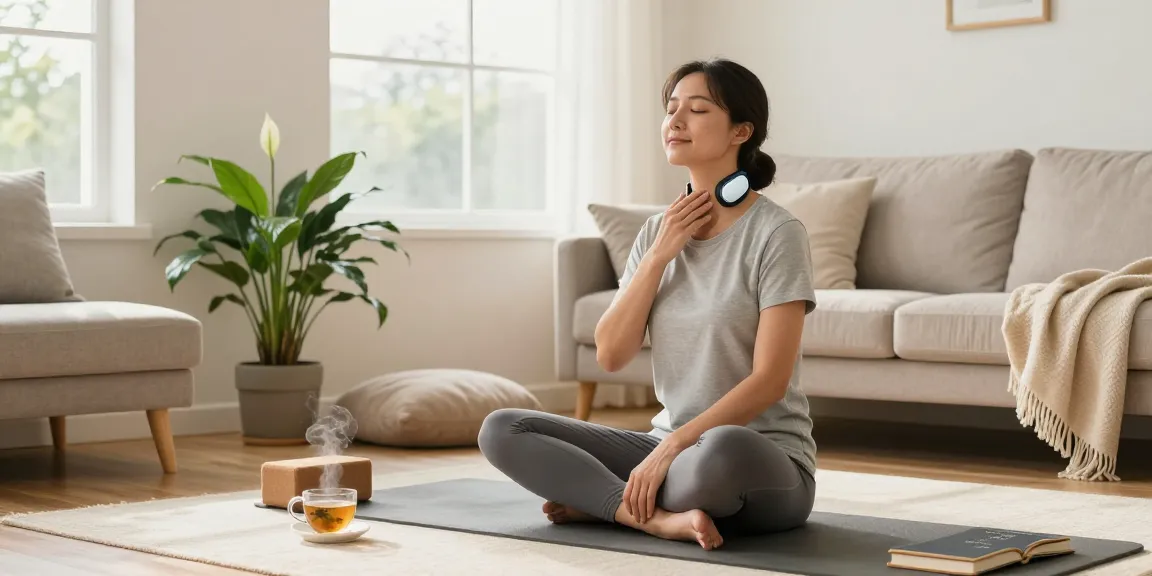 Vagusnerv stimulator kaufen - Peaceful individual using a Vagus nerve stimulator at home for relaxation and wellness.