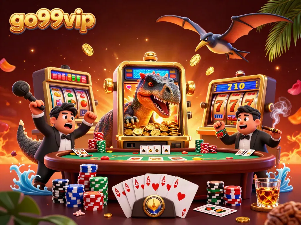 Go99vip scene with a pachycephalosaurus winning coins at a slot machine amidst vibrant casino elements.