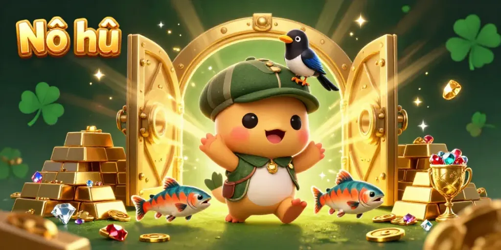 Engage with Nổ hũ offers as baby Nessie and friends explore treasures in this vibrant casino-themed scene.