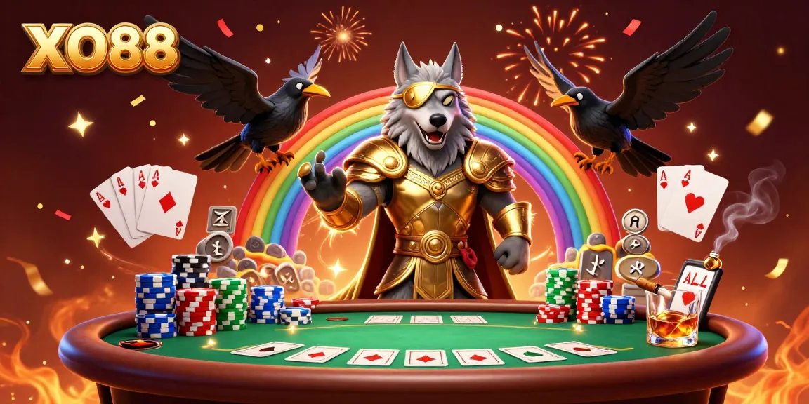 Experience excitement at XO88 with a dynamic illustration of Odin and ravens immersed in casino action.