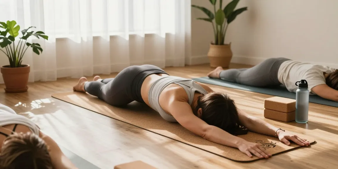 Practicing yoga on a personalized Yogamatte Kork personalisiert in a serene studio atmosphere.
