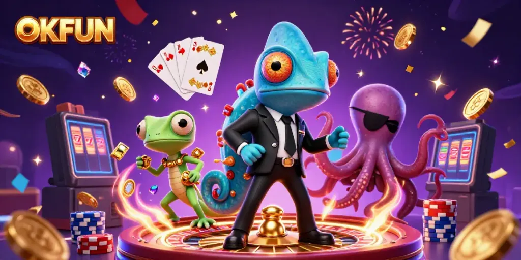 Spin the excitement at OKFUN's vibrant casino scene with thrilling characters and dynamic game elements.