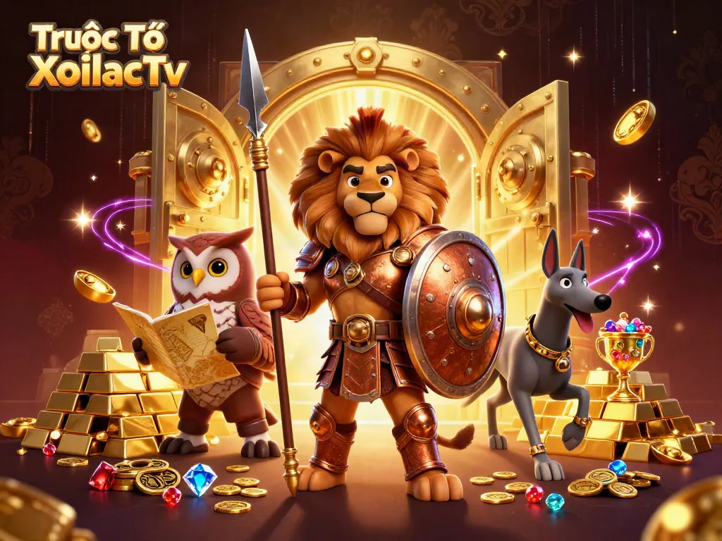 Engage with Trực Tiếp XoilacTv using a vibrant scene of epic gambling fantasy and treasure.