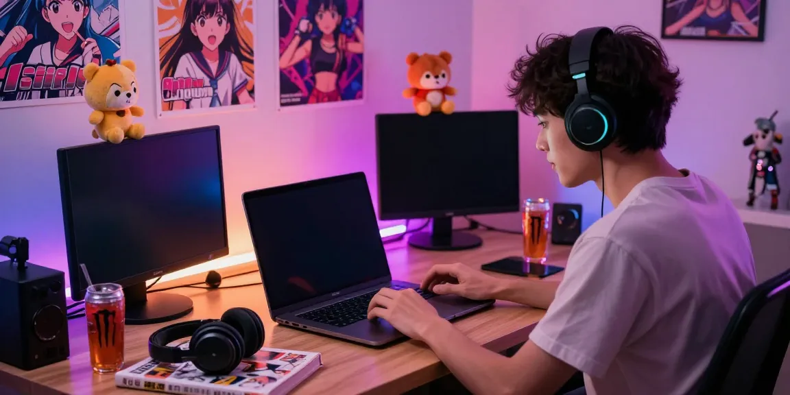 User interacting with AI hentai chat on laptop in a vibrant anime-themed room