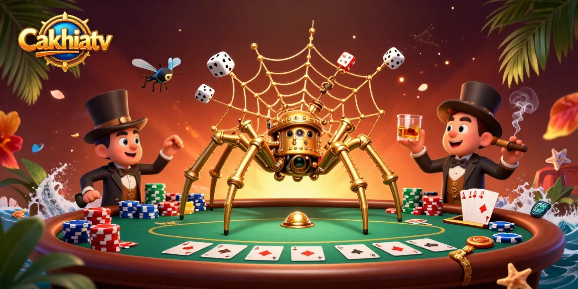 Play at Cakhiatv with this captivating illustration of a steampunk spider and poker elements in a rich casino scene.