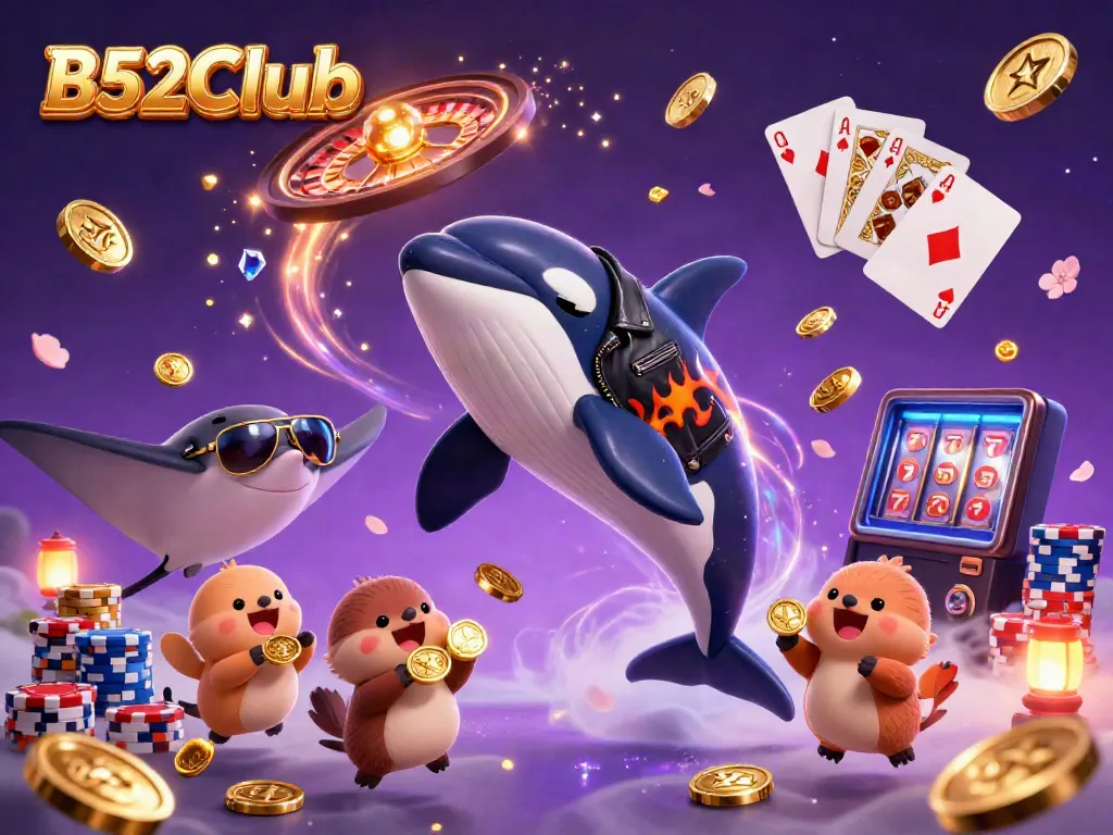 B52Club promises exciting casino action with a colorful scene featuring unique characters and dynamic game elements.