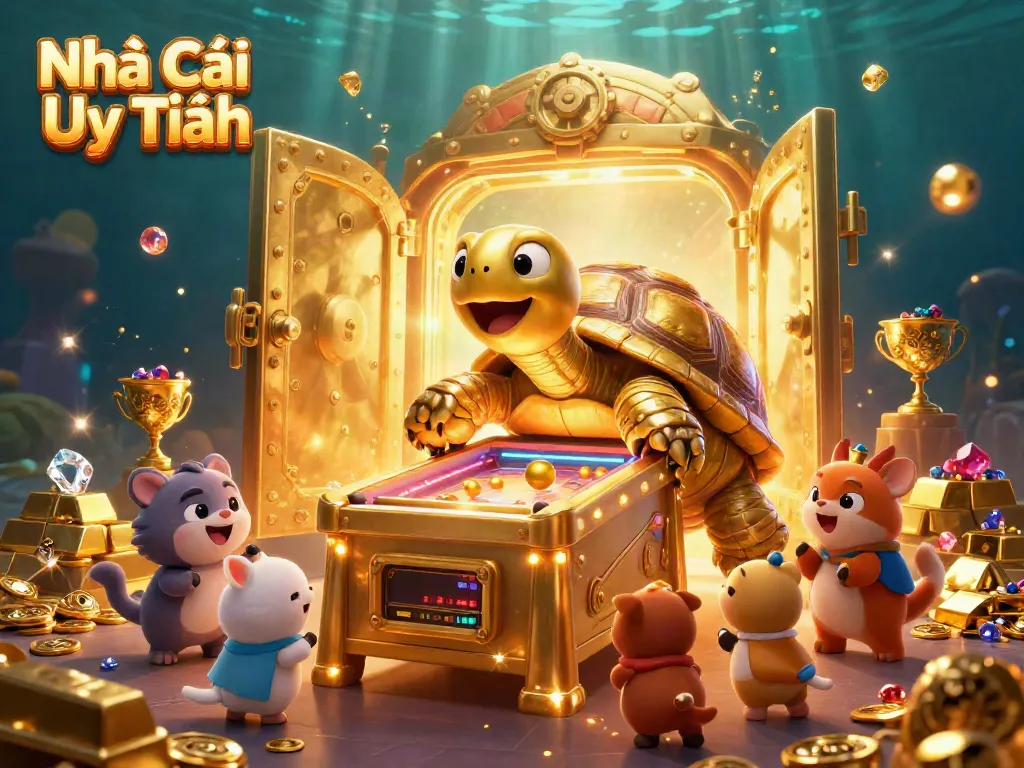 Engaging scene showcasing Nhà Cái Uy Tín with a golden tortoise and treasures, illustrating gambling excitement.