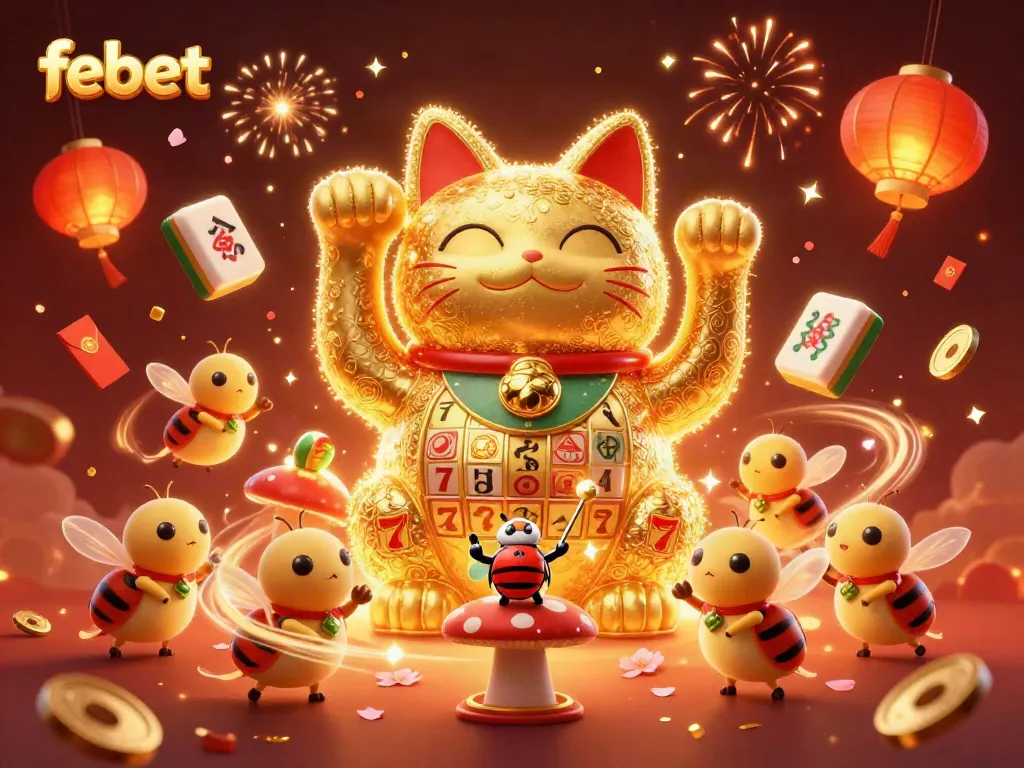 Experience the charm of febet with a golden cat and dynamic casino elements in lively celebration.
