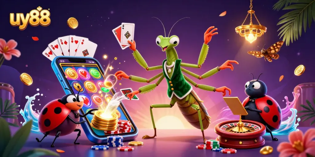 Engage with uy88's thrilling 3D casino adventure featuring a mantis dealer and a ladybug pit boss.