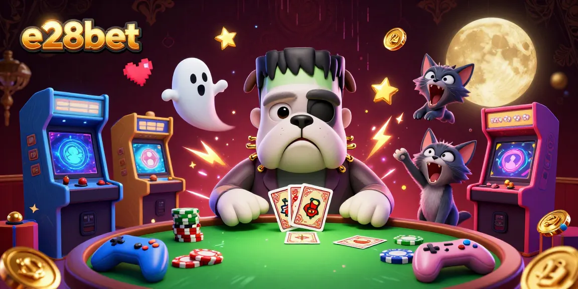 Experience thrilling action at e28bet with cartoon characters at a spooky casino table.