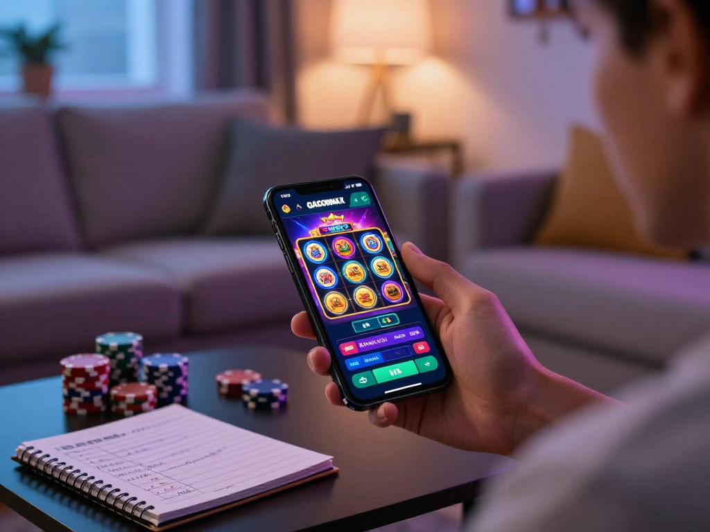 GACORMAX user enjoying mobile slots in a cozy gaming environment with vibrant graphics.