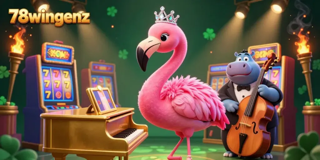 Experience thrilling gameplay at 78wingenz with a vibrant 3D illustration of a casino scene.