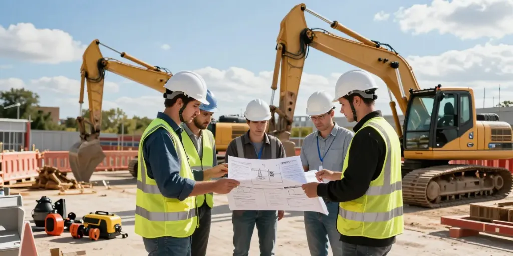 Baugrubensicherungskosten, Team von Ingenieuren und Arbeitern am Bau, die an einem Projekt arbeiten, um Effizienz und Sicherheit am Arbeitsort zu gewährleisten
