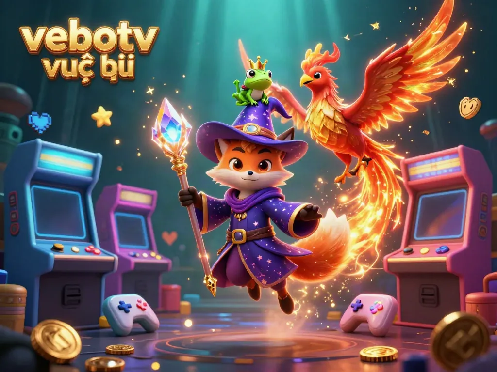 Experience vebotv trực tiếp with a mystical wizard fox and phoenix in a 3D streaming scene.