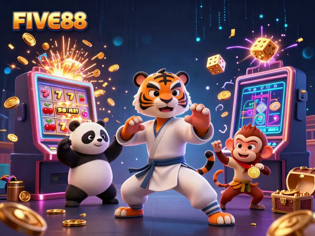 FIVE88 showcases a dynamic 3D scene with kung fu tiger, panda disciple, and monkey stealing a medal amidst slot machines and gold coins.