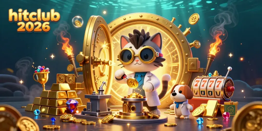 Experience the excitement of hitclub 2026 with playful characters in a vibrant casino-themed scene.