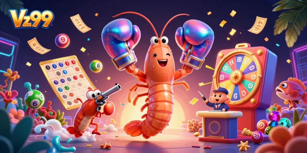 Engage with Vz99's vibrant casino world featuring dynamic lottery elements and cartoon characters.