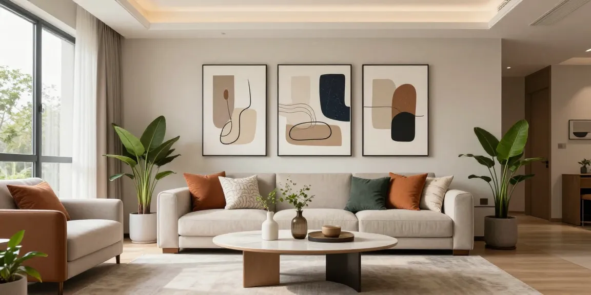 Moderne Wandbilder im stilvollen Wohnzimmer mit eleganter Einrichtung.