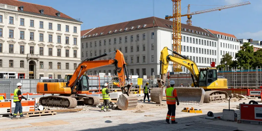 Abriss Wien: Baustelle in Wien mit Arbeitern und Abrissfahrzeugen im urbanen Umfeld.