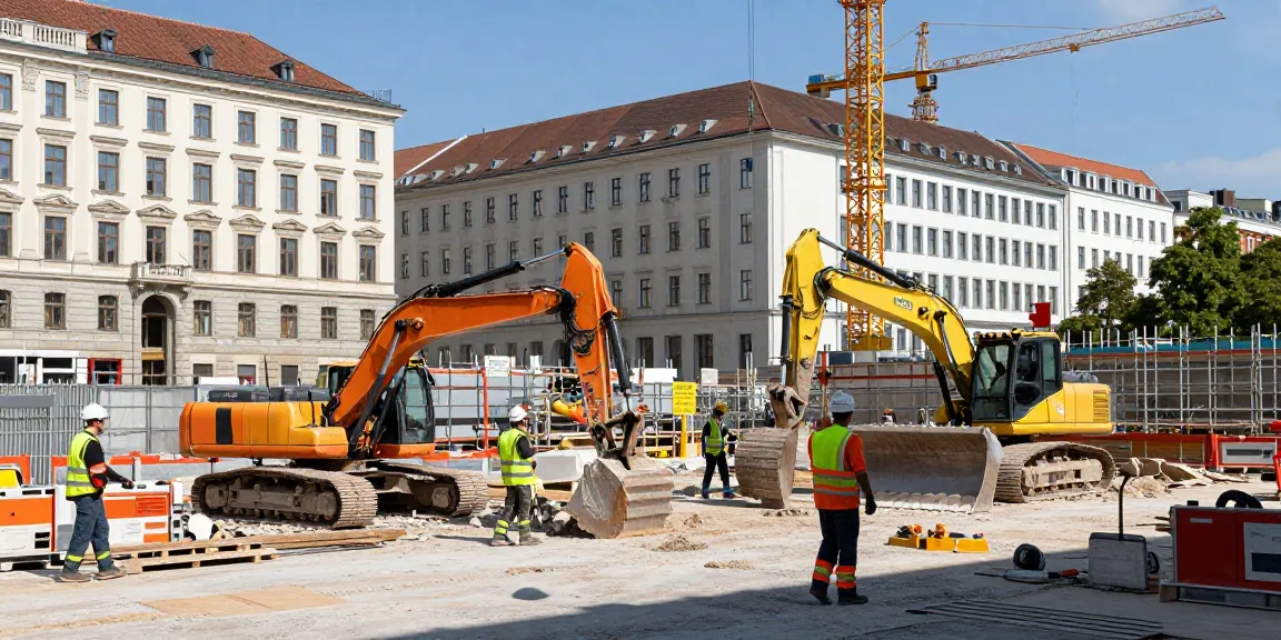 Abriss Wien: Baustelle in Wien mit Arbeitern und Abrissfahrzeugen im urbanen Umfeld.