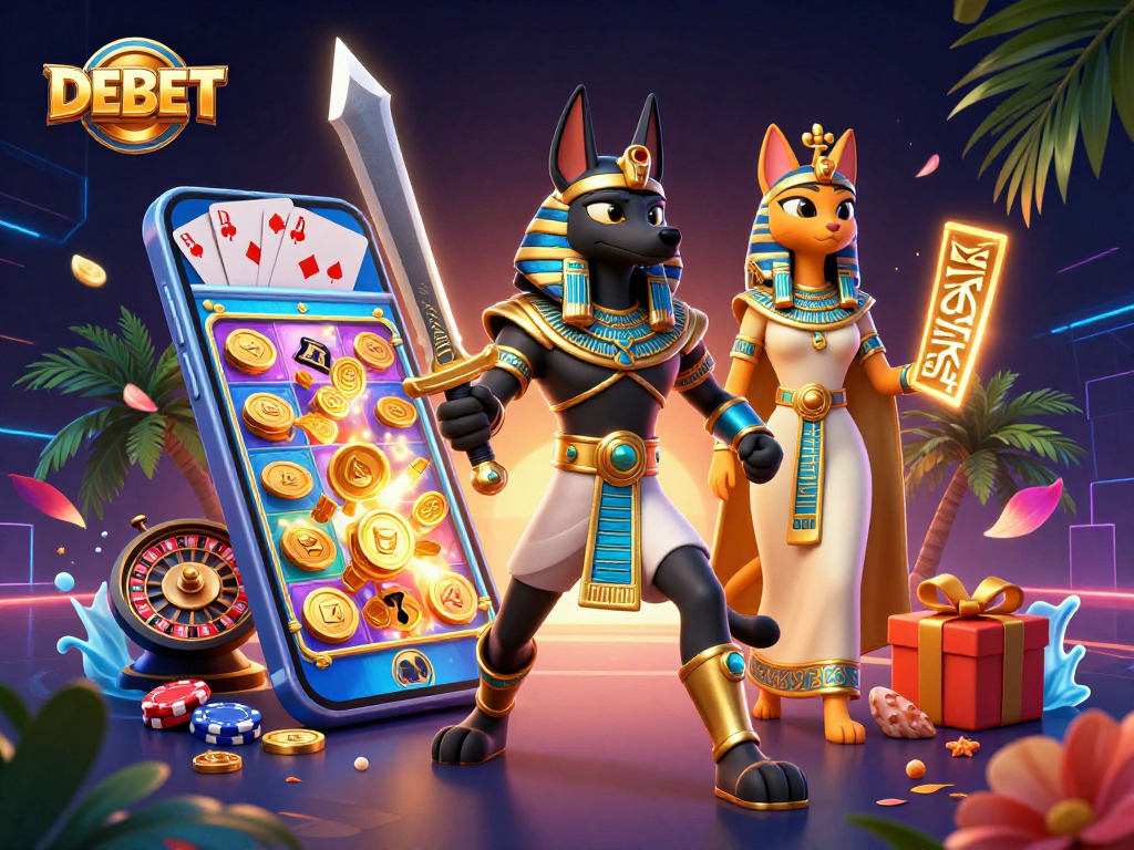DEBET features Anubis and Bastet in a vibrant, immersive casino scene with slots and cards.