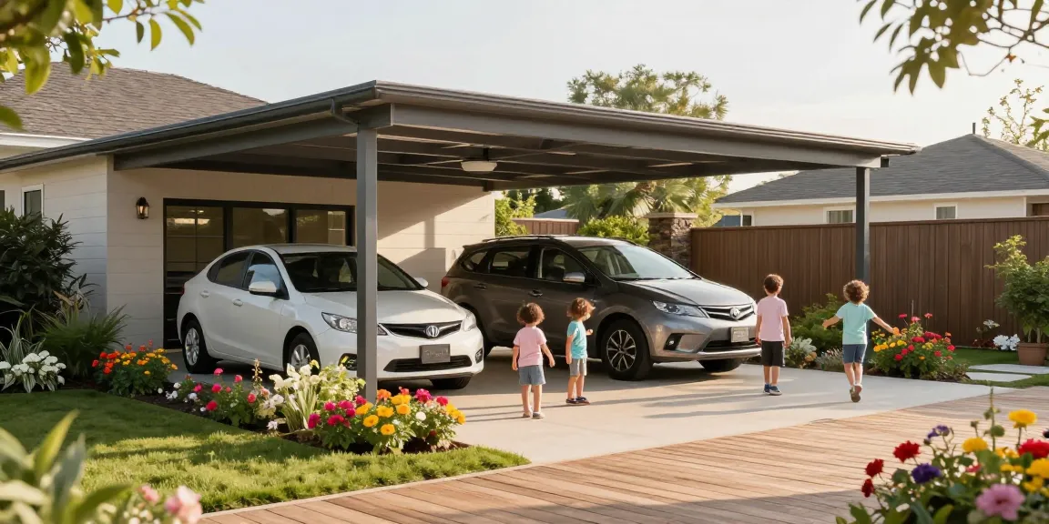 Familie spielt im Garten mit blühenden Pflanzen, modernes Carport im Hintergrund.