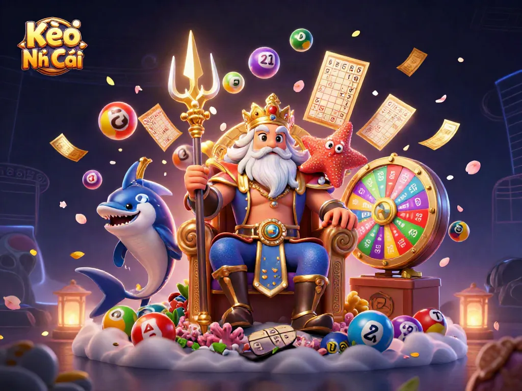 Engaging Kèo Nhà Cái illustrated scene featuring Neptune and dynamic game elements.
