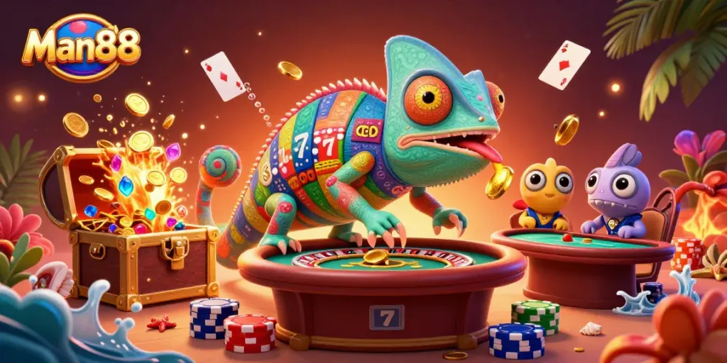 Experience thrilling gameplay at Man88 with our cartoon chameleon casino owner amid vibrant gaming elements.