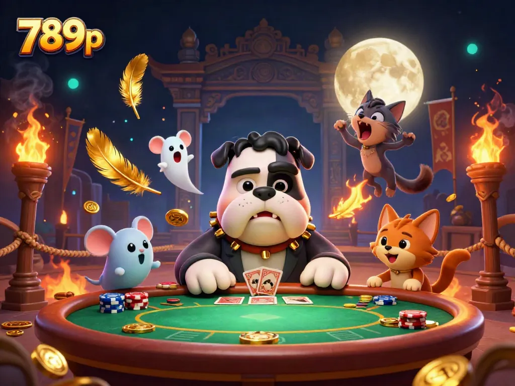 Experience thrilling gameplay at 789p with a vibrant illustration of a cartoon bulldog dealer and festive elements.