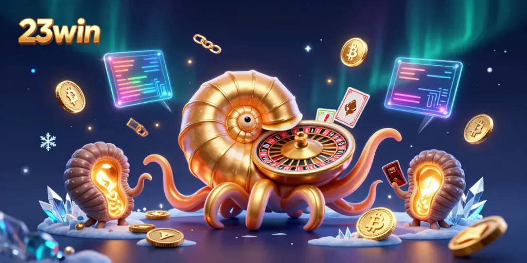 Engage with 23win in this vibrant 3D casino scene featuring a giant nautilus roulette wheel surrounded by glowing crypto elements.