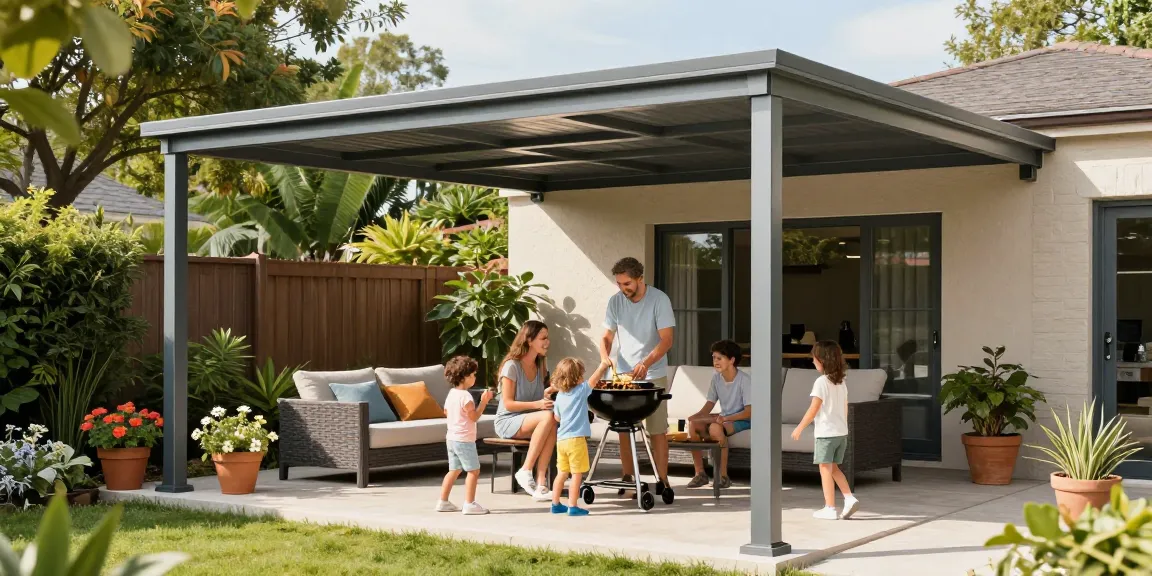 Moderne Terrassenüberdachung in einem gemütlichen Garten mit Familie beim Grillen.