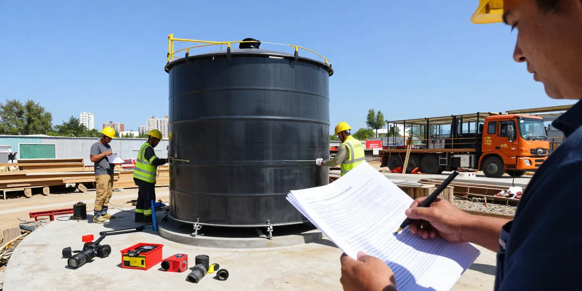 100 m³ Löschwasserzisterne mieten zur langfristigen Verwendung auf Baustelle mit mehreren Arbeitern.