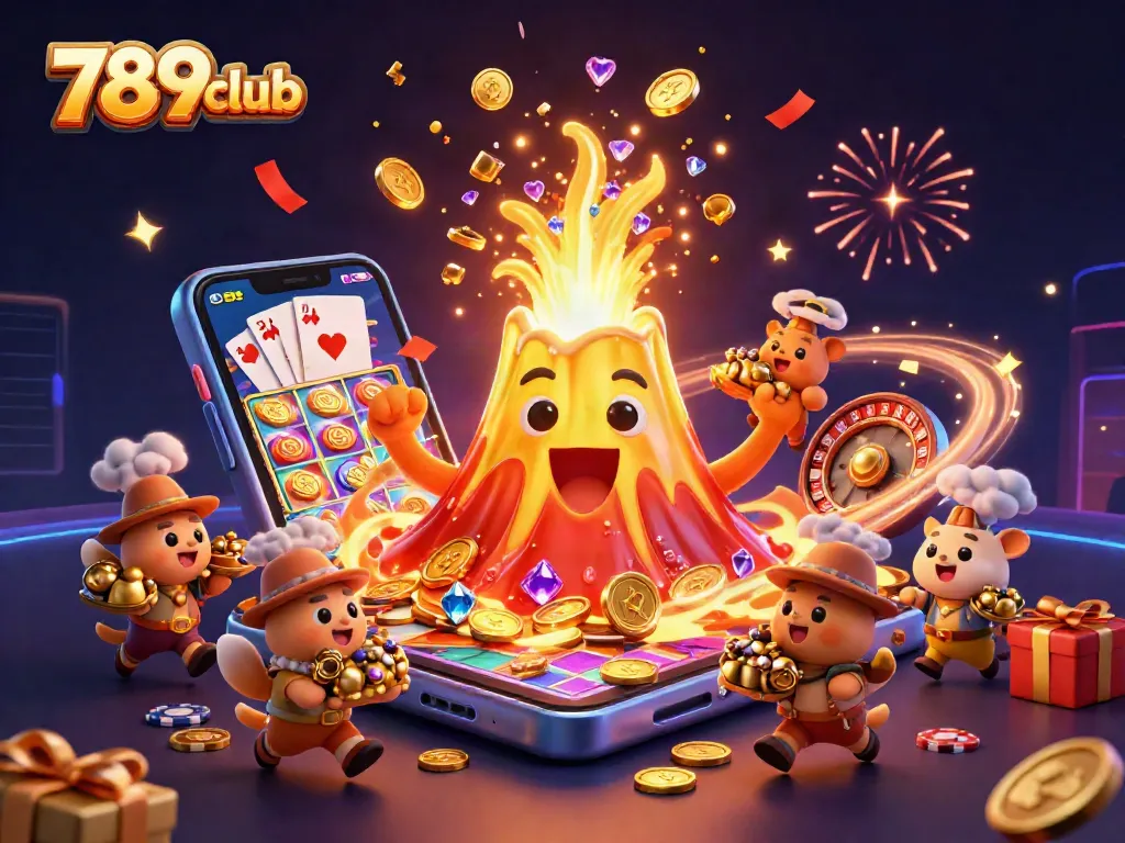 Engage with the 789club, featuring a triumphant volcano and treasures amidst a vibrant casino scene.