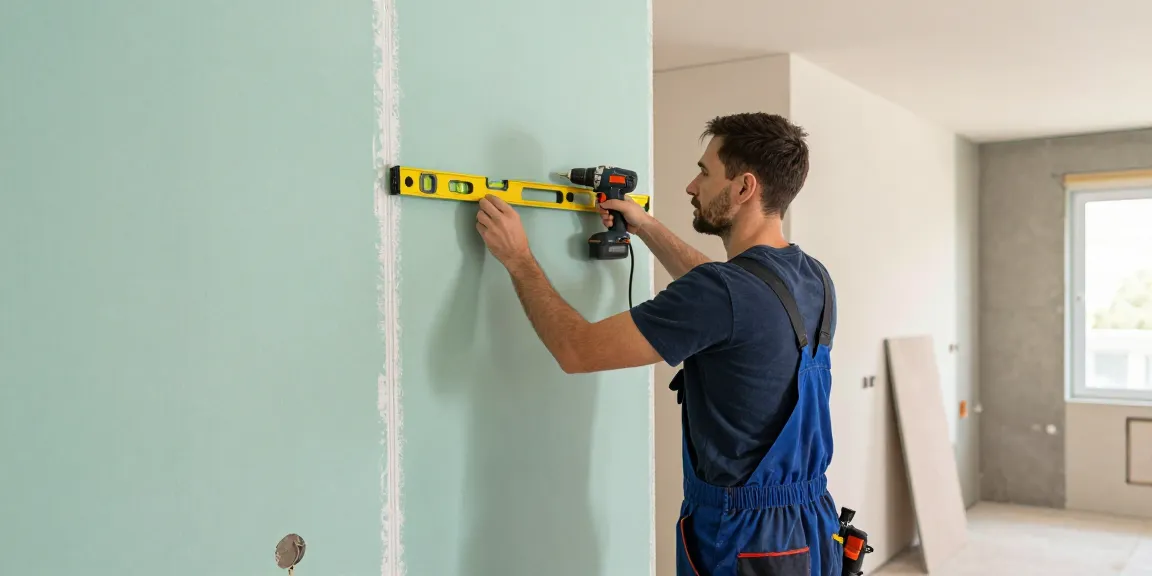 Trockenbau Augsburg: Fachmann misst Trockenbau-Platten in modernem Innenraum mit Werkzeugen.