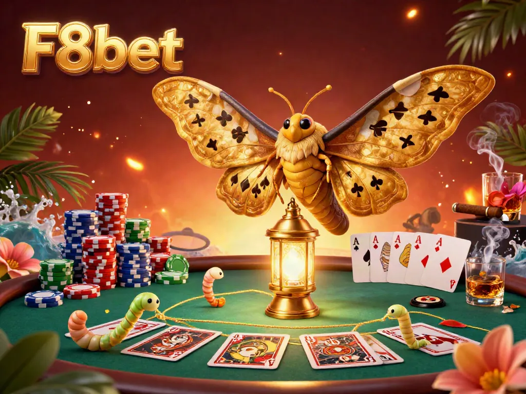 Engage in thrilling gameplay with vibrant F8bet casino scenes featuring golden moths, poker elements, and immersive details.