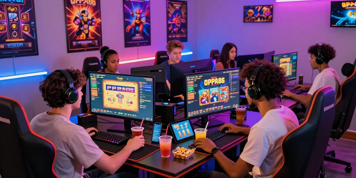 Enjoying online gaming with OPPA86, friends engaged in exciting slot games, vibrant atmosphere.