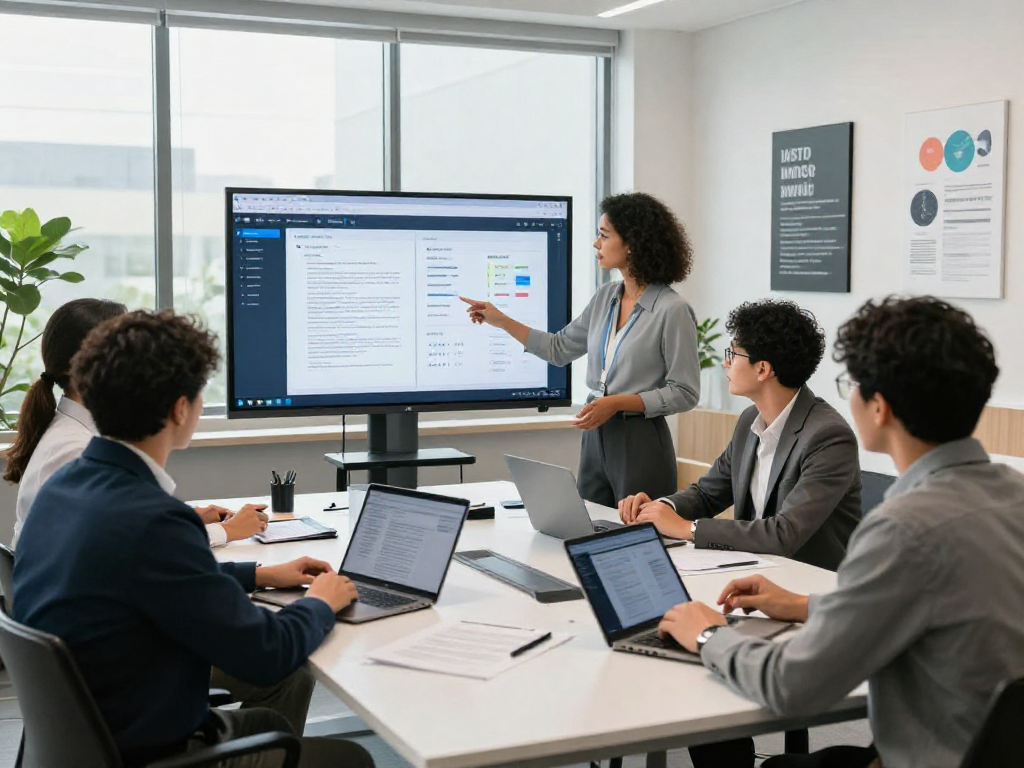 Engaged team demonstrating document fraud detection technology in a professional office setting.