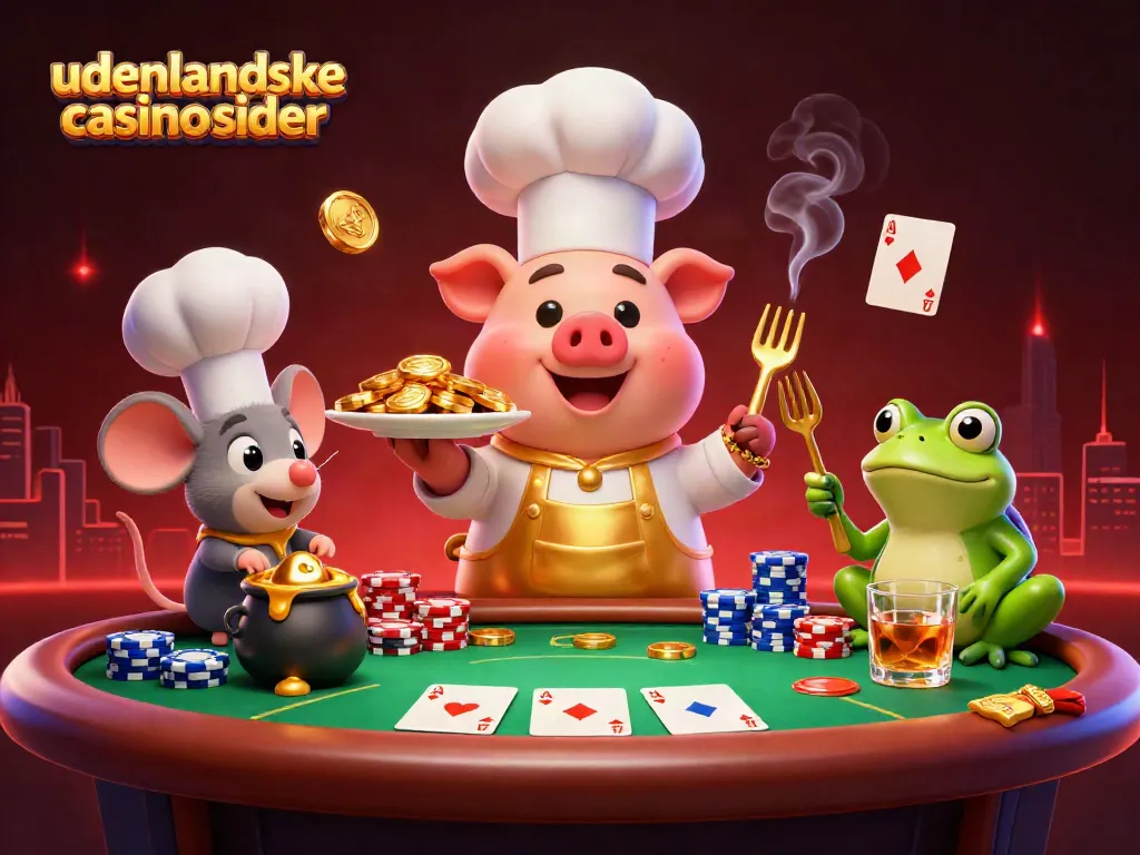 Engage with udenlandske casino sider through a vibrant 3D casino scene featuring a chef pig and characters.