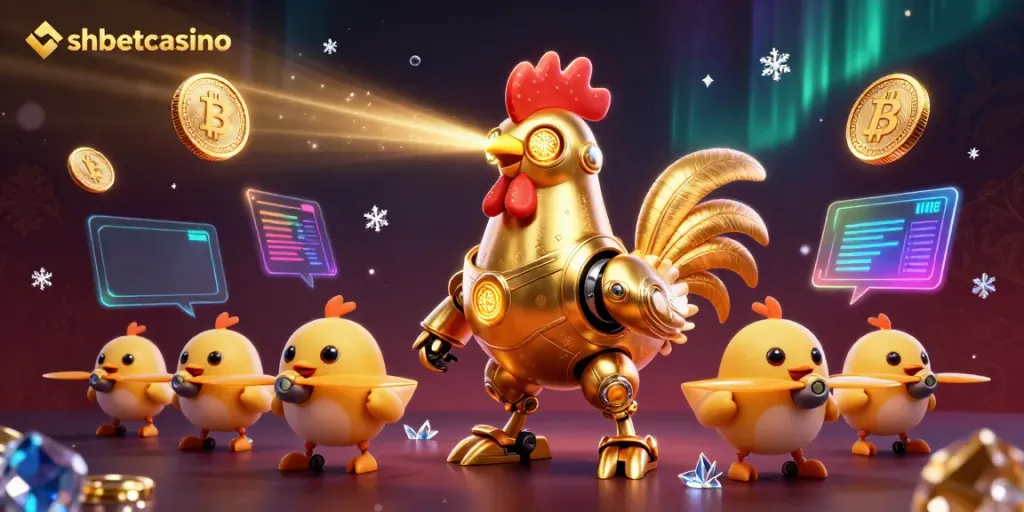 Engage with innovative gaming at shbetcasino featuring a golden rooster robot and crypto elements.